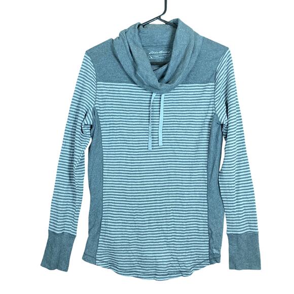 Eddie Bauer Womens Sweatshirt Gray White Striped Outdoor Cowl Neck Thermal L - Picture 1 of 12